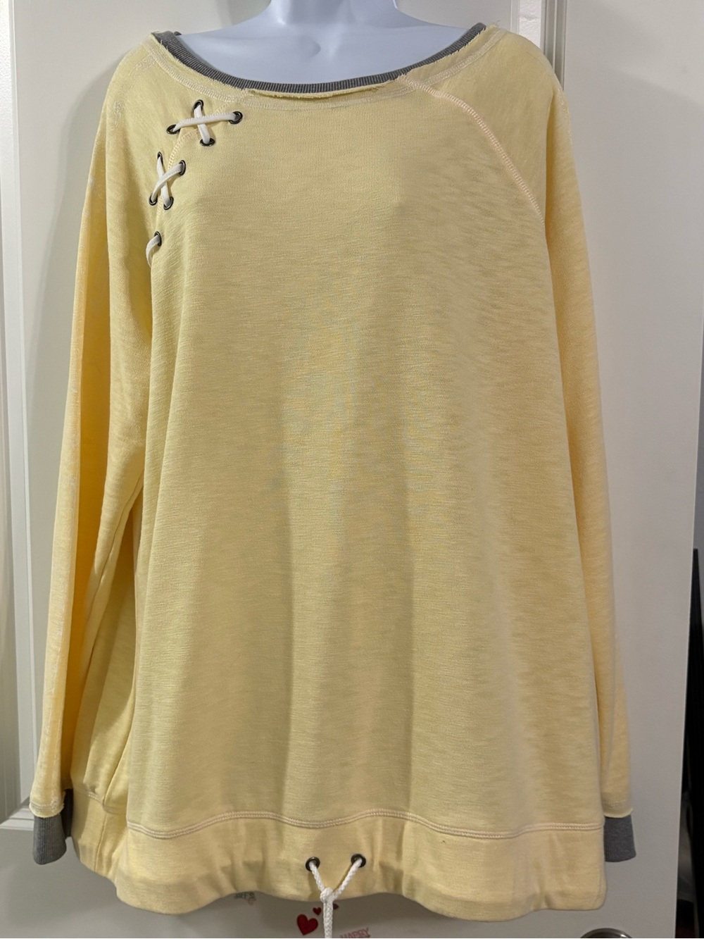 Maurices Pale Yellow Lace-Up Pullover Sweatshirt with Gray Trim